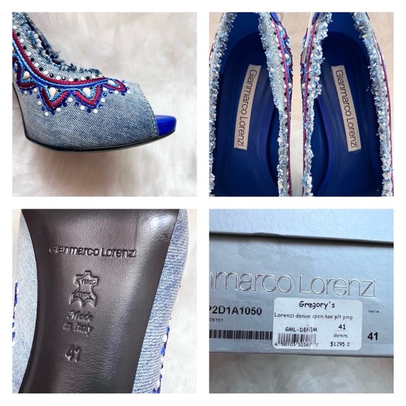 New! Rare GIANMARCO LORENZI Rhinestone Bead Embellished Embroidered Denim Heels - Picture 12 of 12